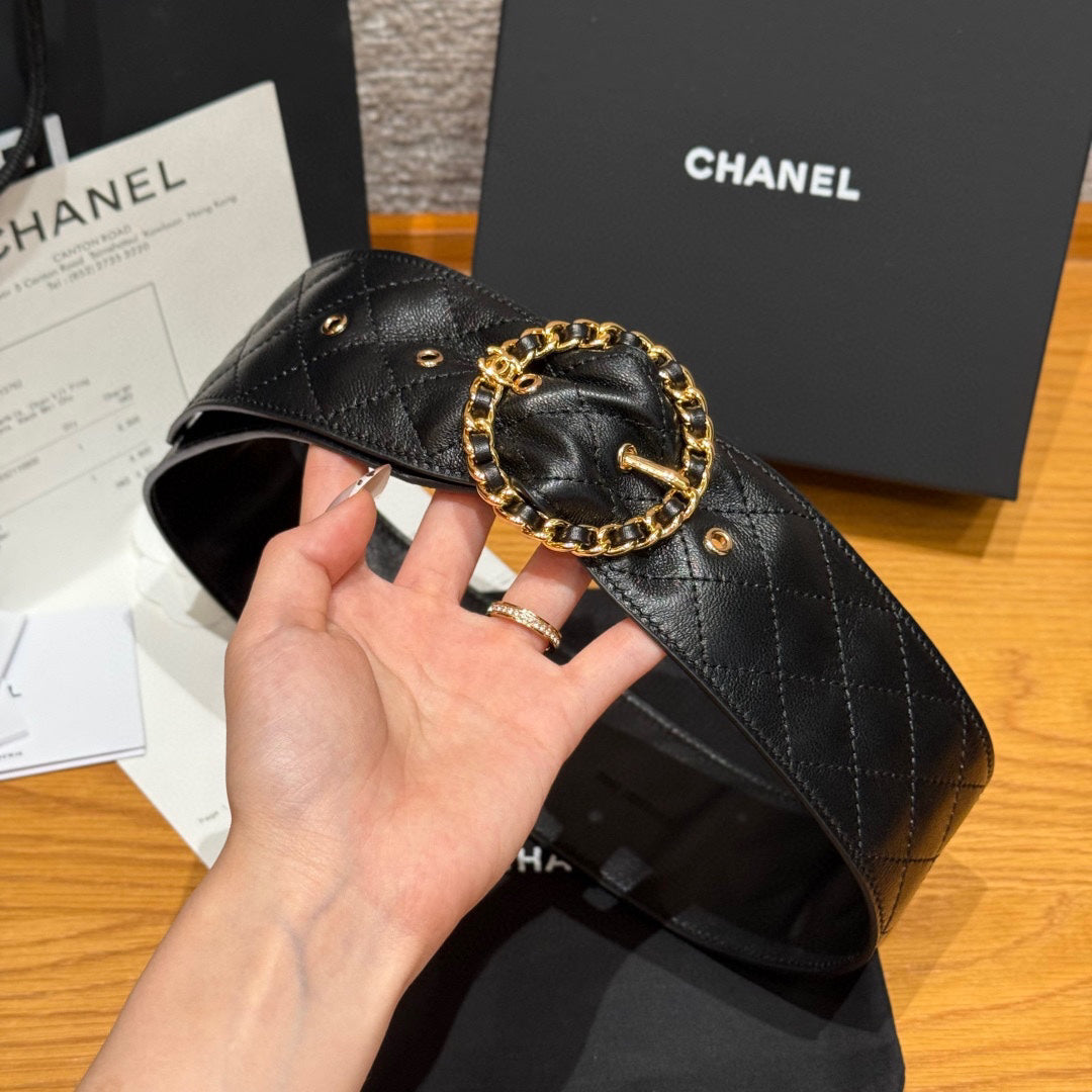 Wide 65mm Decorative Leather Belt with Chain-Linked Buckle