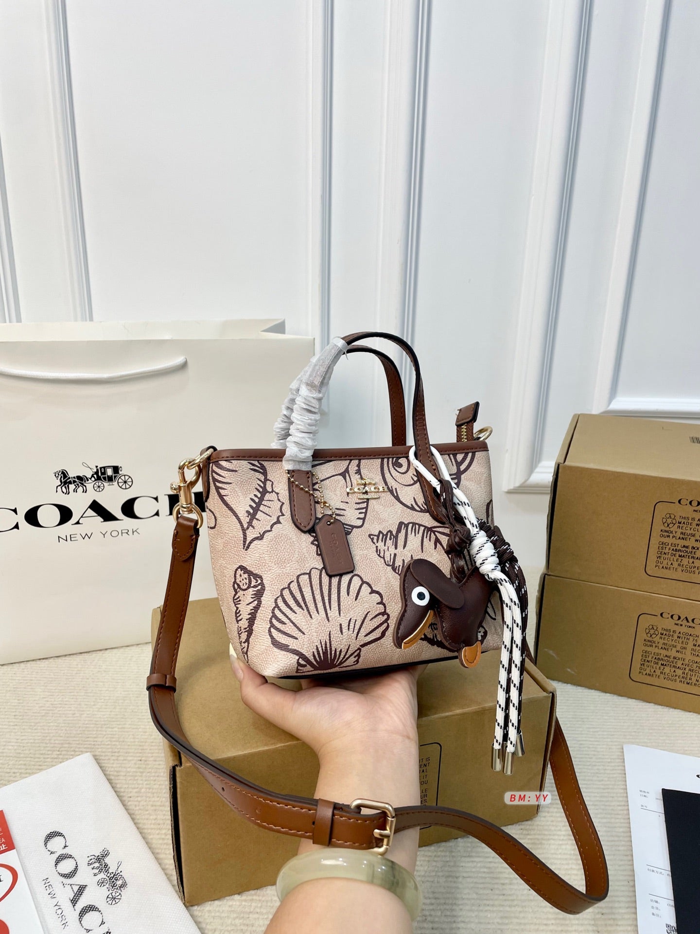Mini Tote in Signature Canvas with Shell Print & Dog Charm