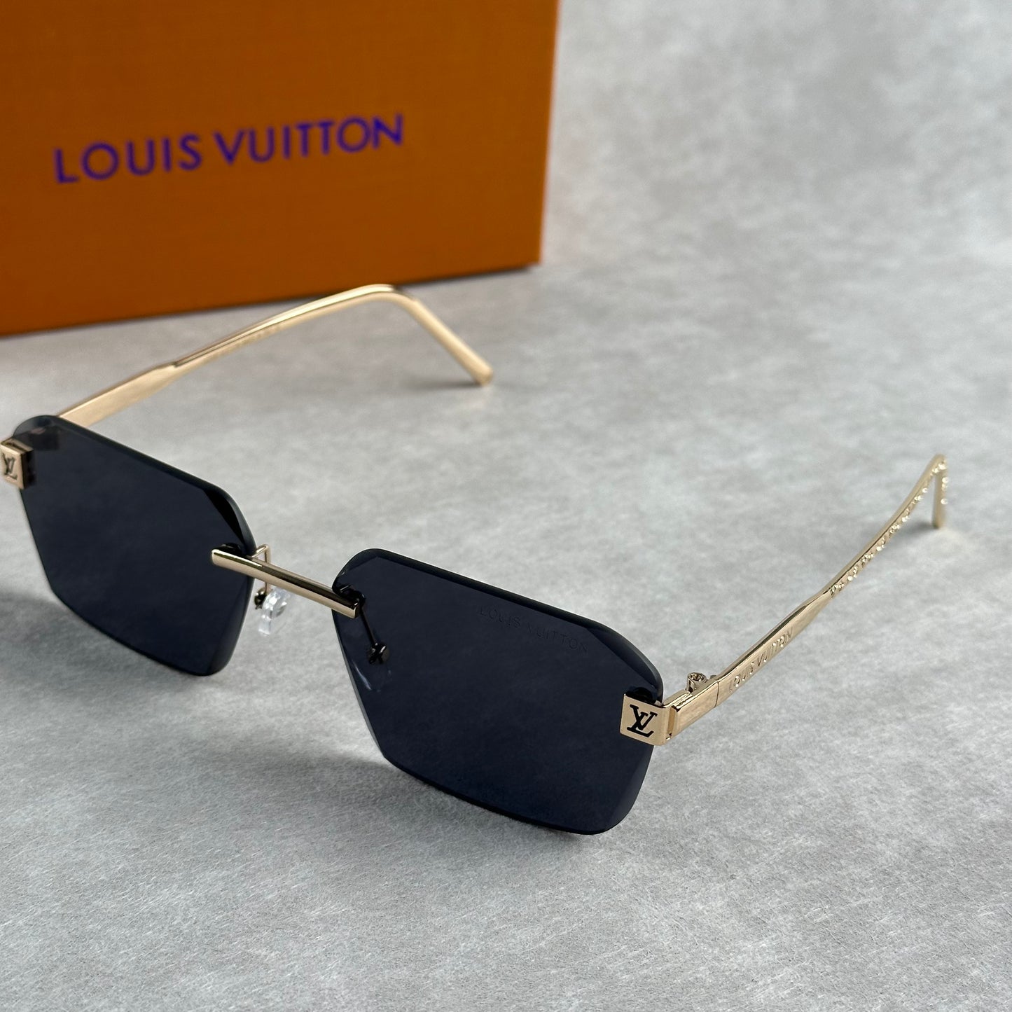 Classic L V Sunglasses Black Lens Gold Frame Rounded Rectangle Shades Unisex