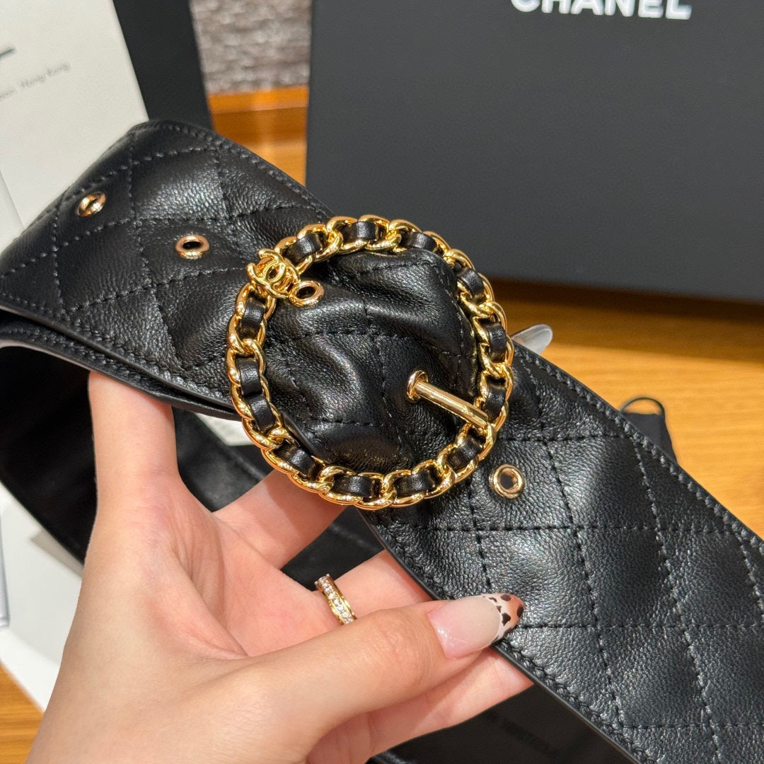 Wide 65mm Decorative Leather Belt with Chain-Linked Buckle