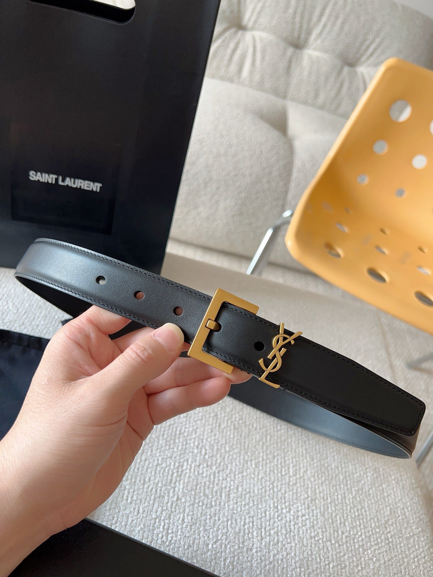 Black Leather Belt with Gold Buckle