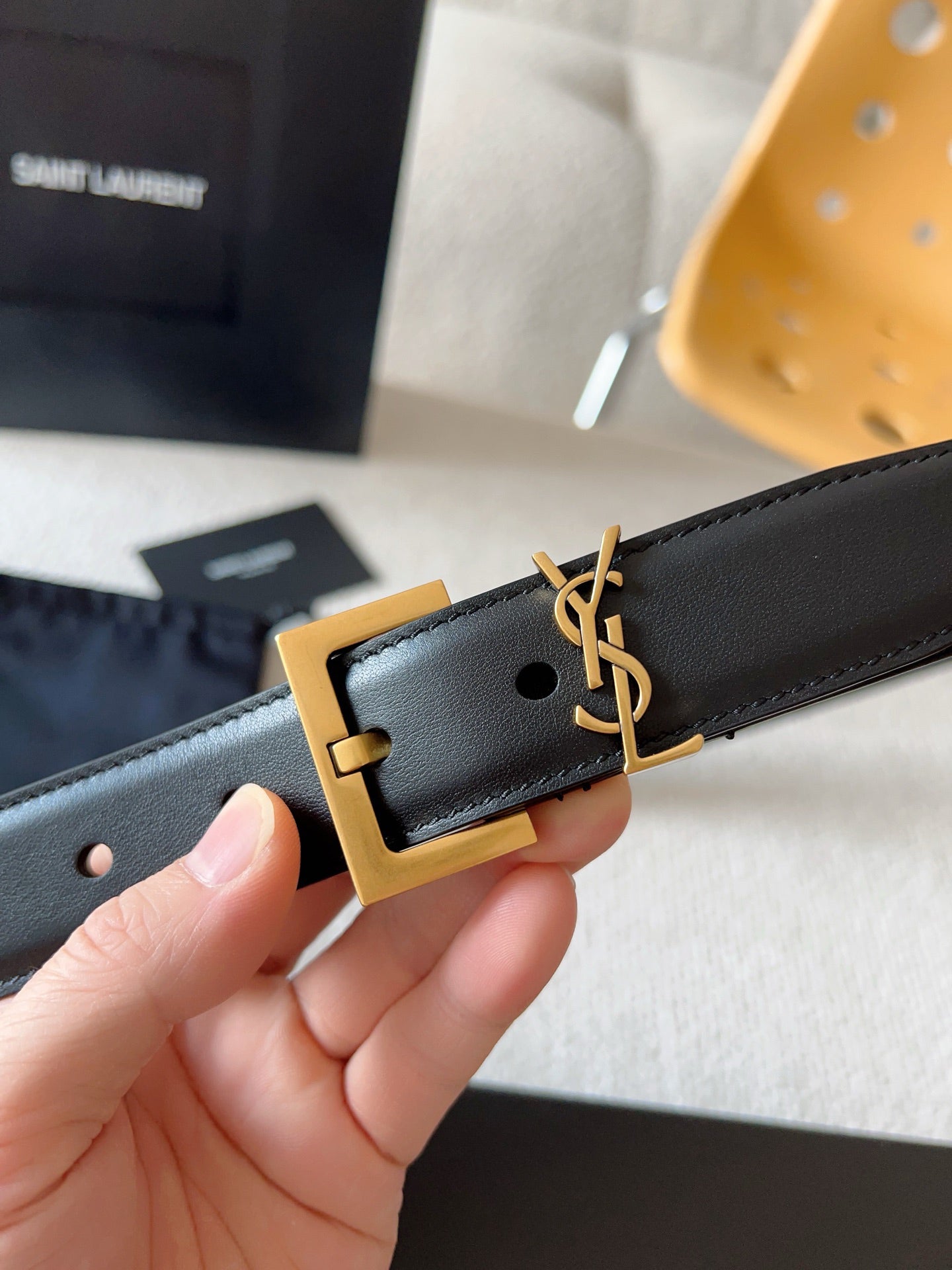 Black Leather Belt with Gold Buckle