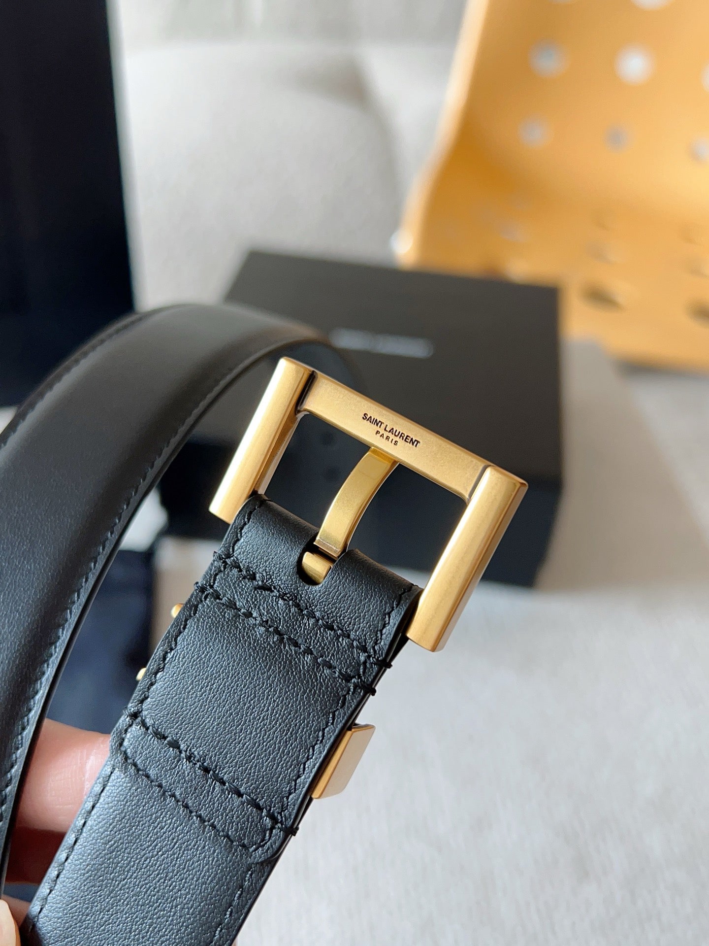 Black Leather Belt with Gold Buckle