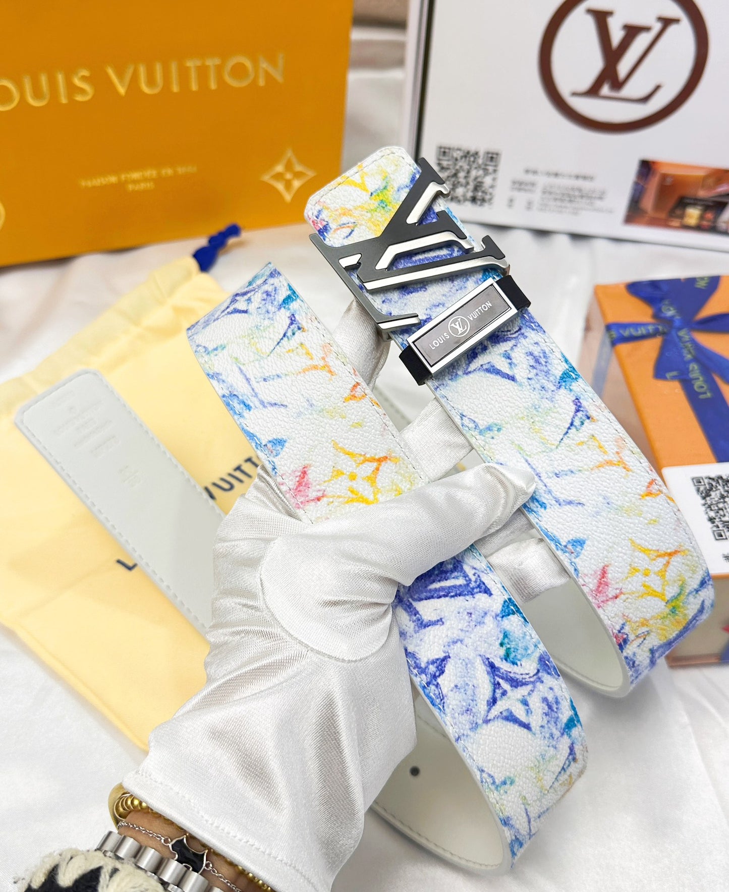 Colorful Monogram Print Belt with Silver Buckle