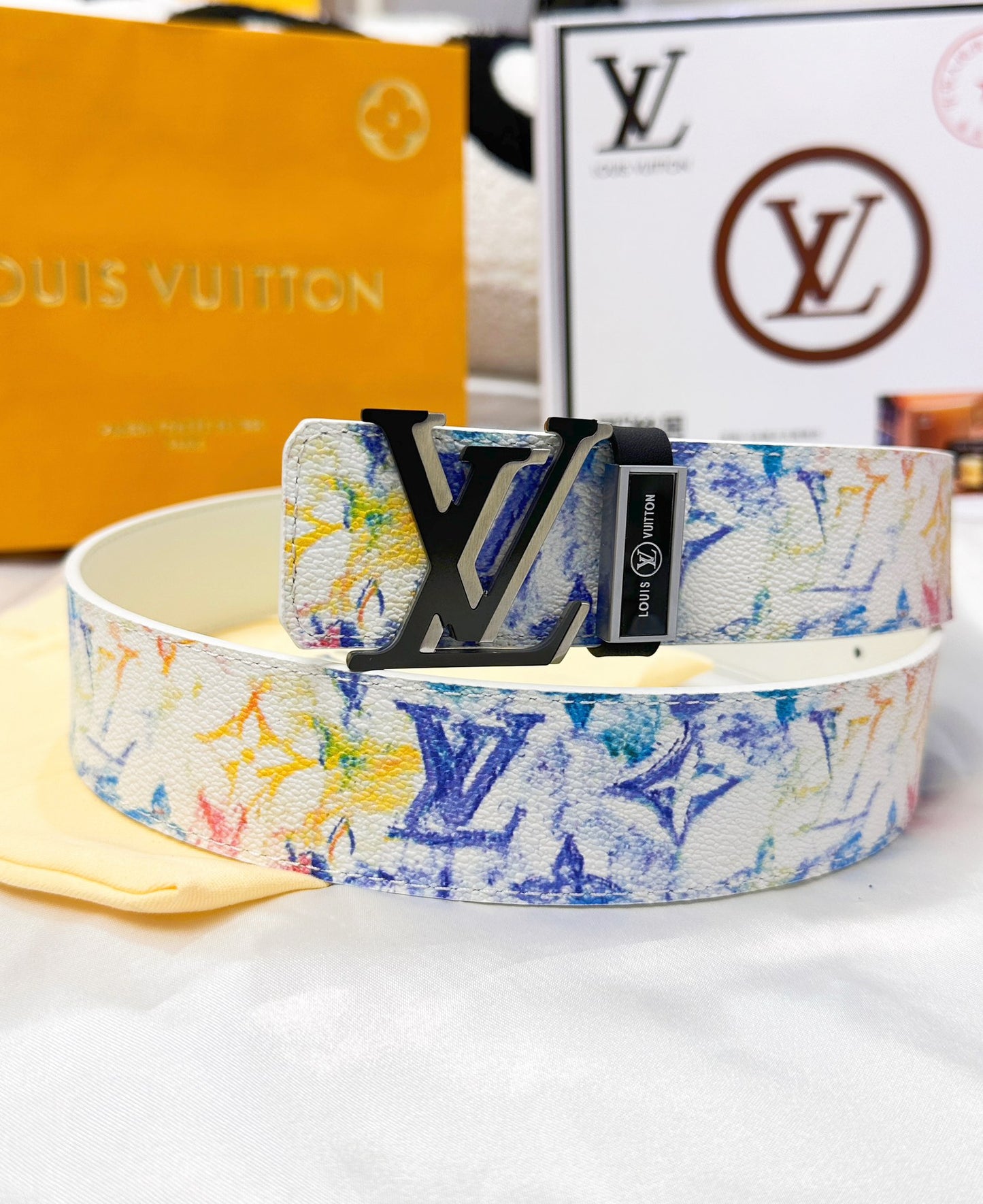 Colorful Monogram Print Belt with Silver Buckle
