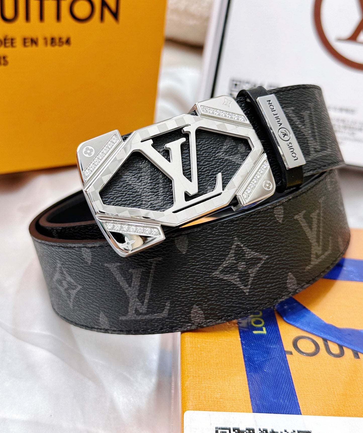 Luxury Monogram Leather Belt with Silver Geometric Buckle