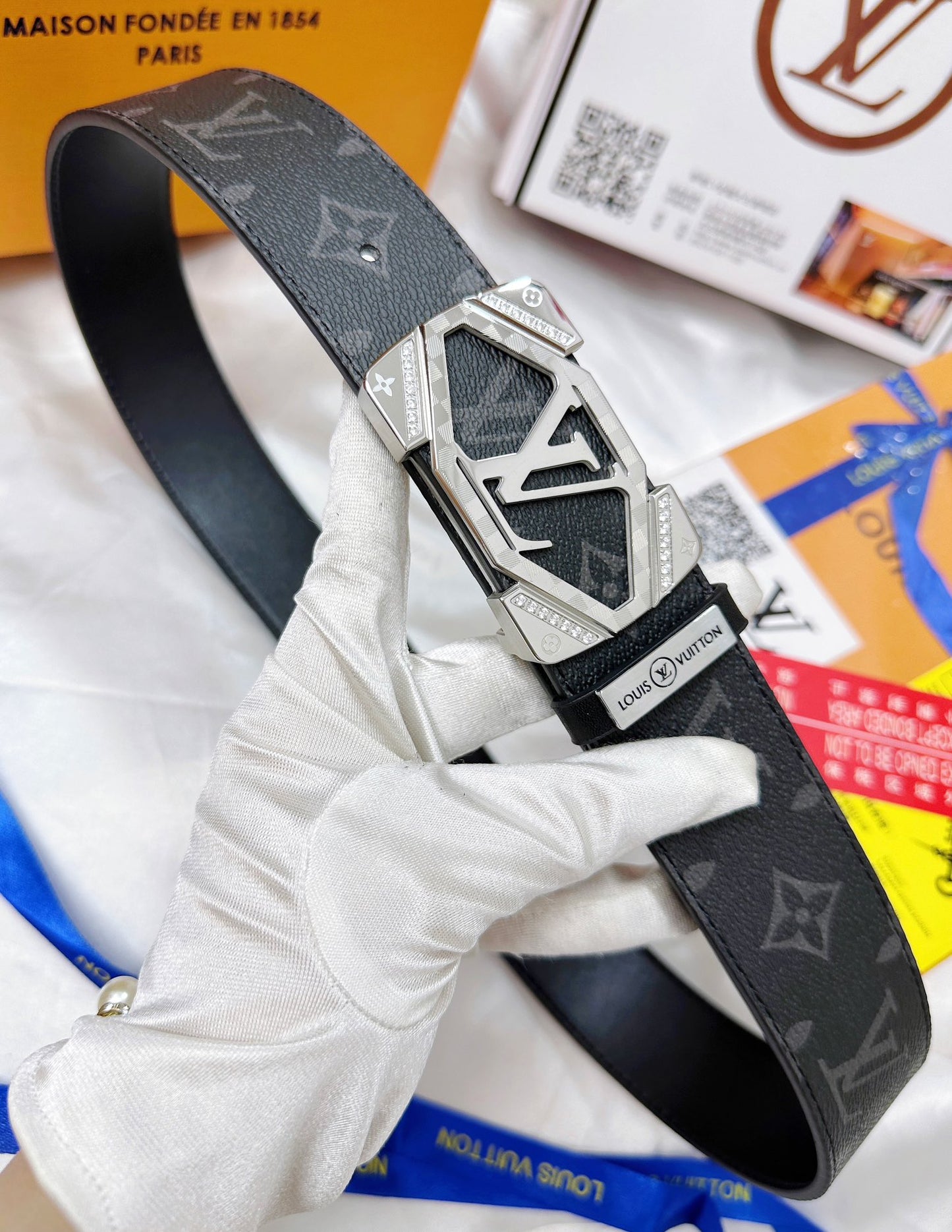 Luxury Monogram Leather Belt with Silver Geometric Buckle