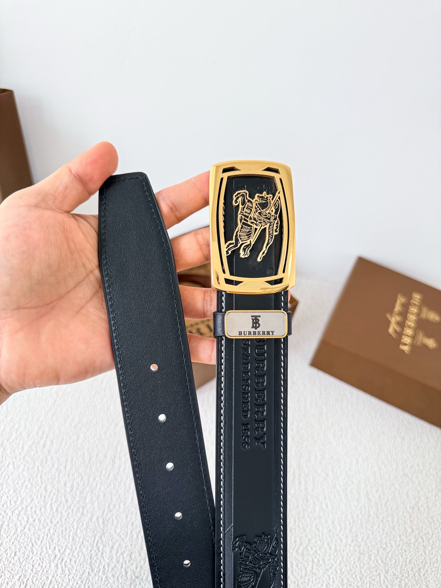 Men’s Leather Belt with Gold Horse Embossed Buckle