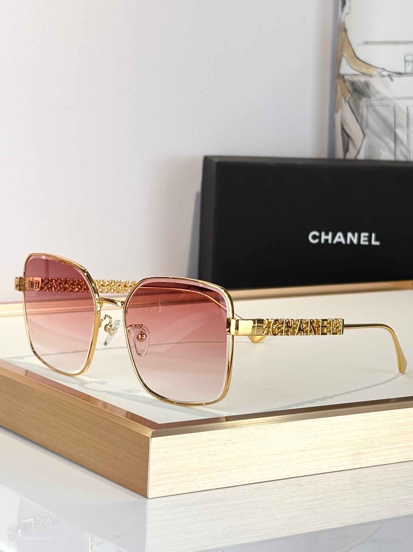 Gold Frame Pink Lens Square Sunglasses