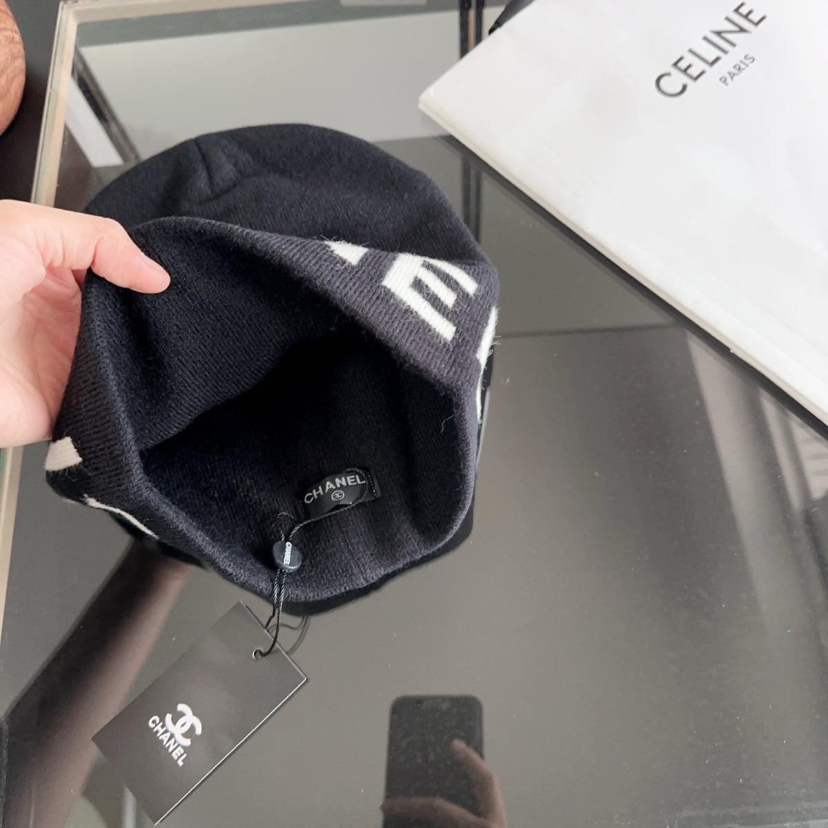 Black Knit Beanie with Contrast Letter Graphic