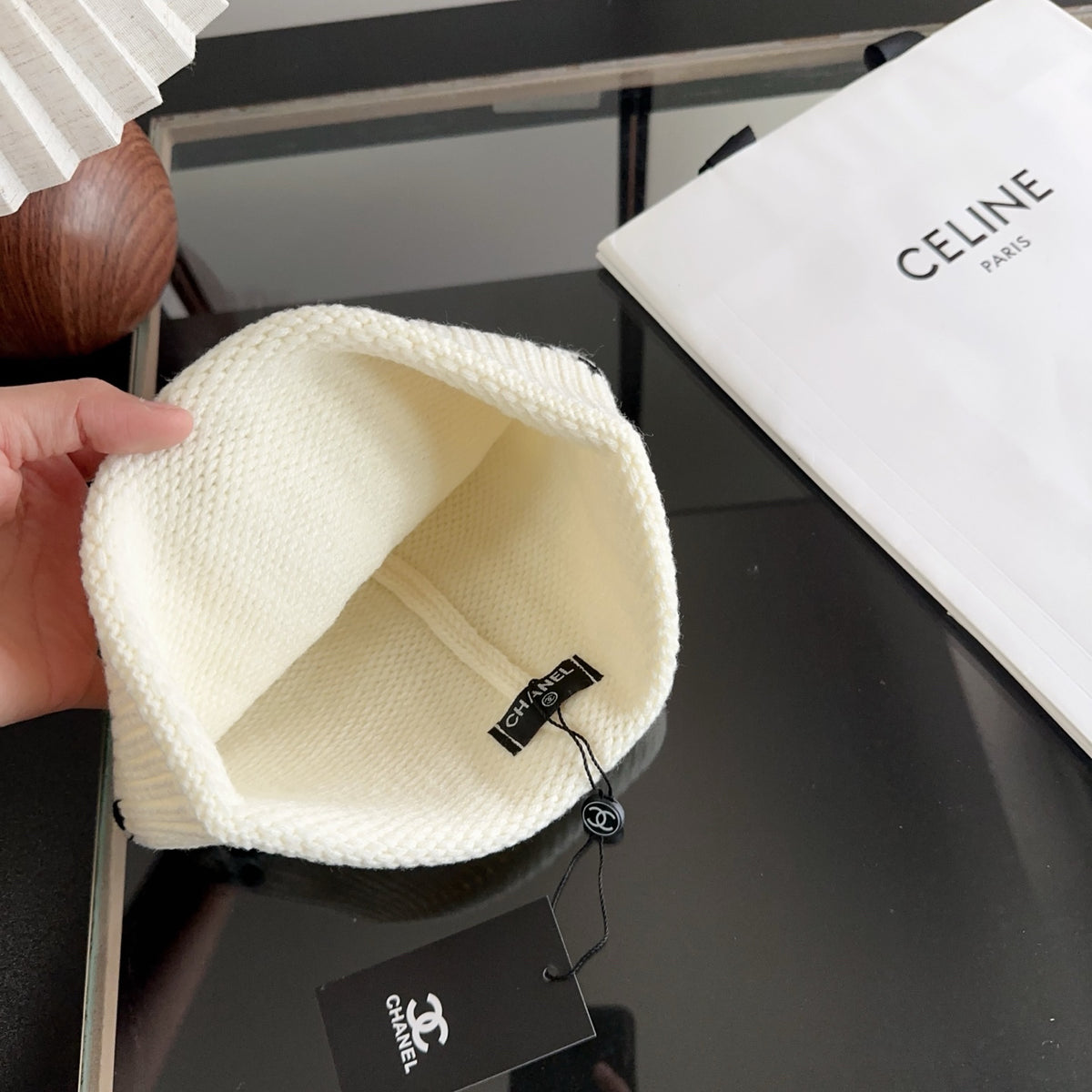 Ivory Ribbed Knit Beanie with Black Stitch Detail