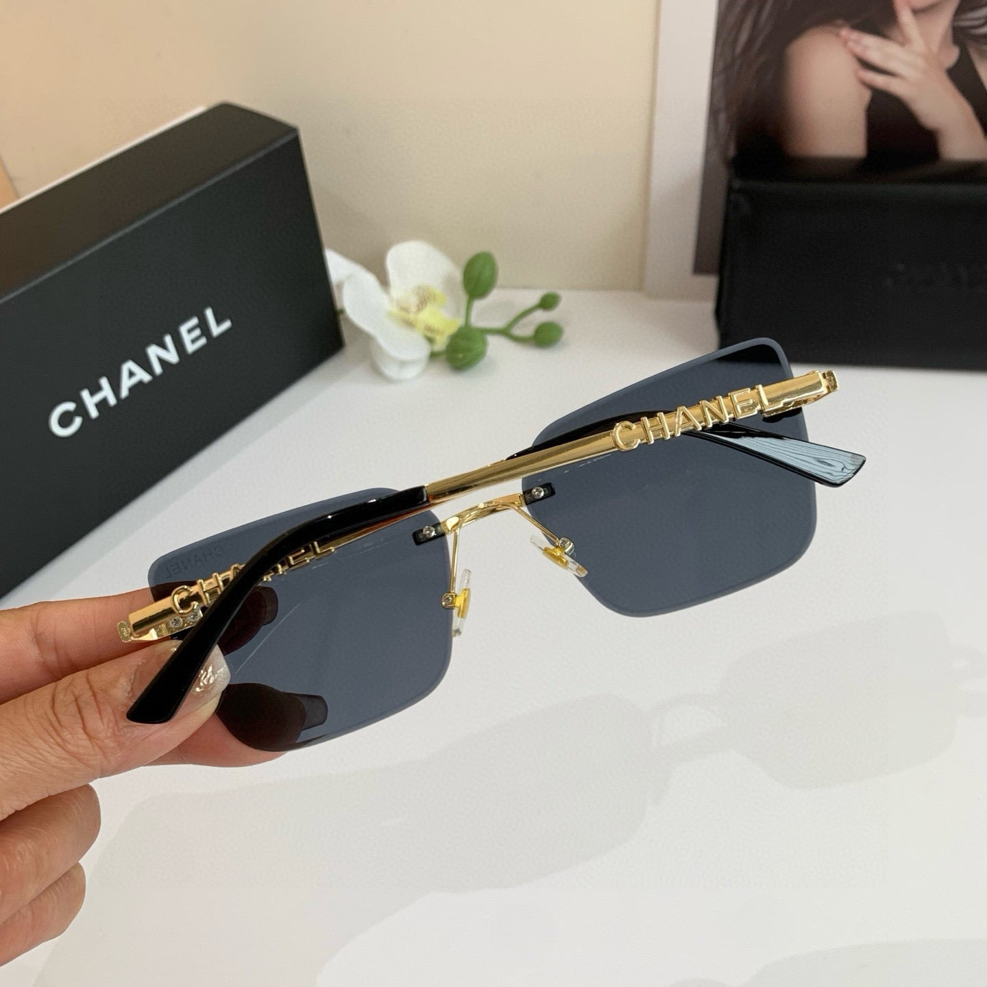 CC Gold-Accented Rimless Square Sunglasses