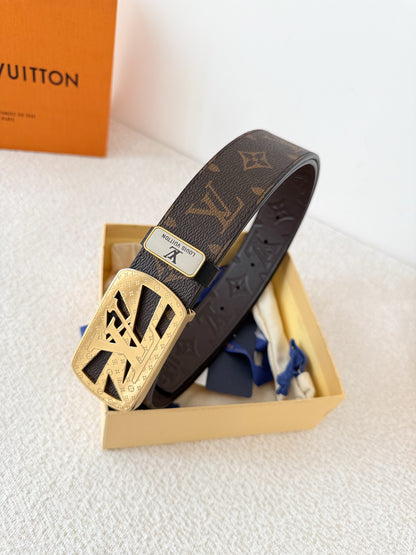 A premium brown patterned leather belt with a gold-tone stainless steel buckle, 3.8cm width.