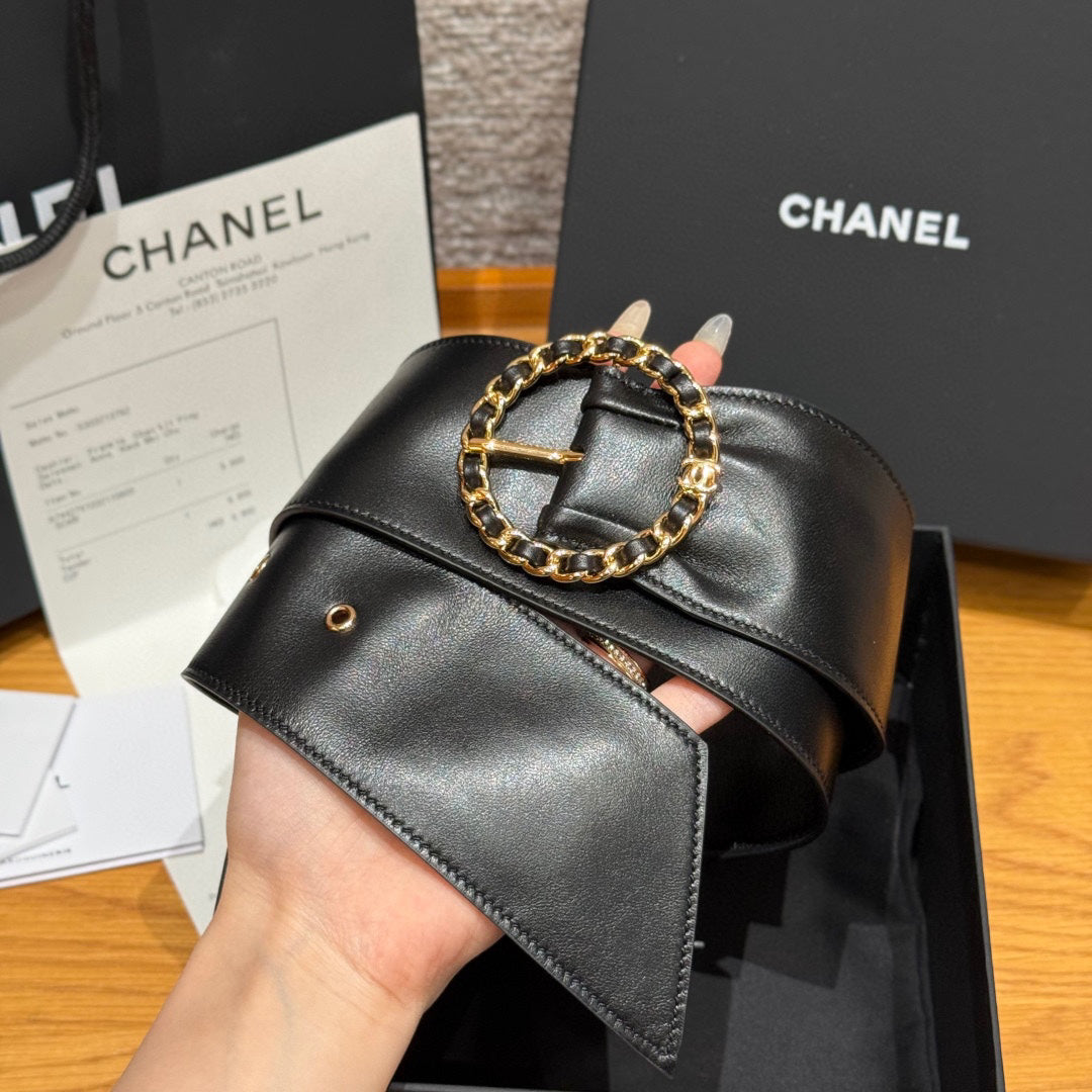 Wide Leather Women's Belt with Gold Chain-Link Buckle