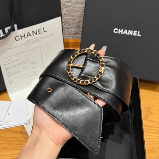 Wide Leather Women's Belt with Gold Chain-Link Buckle