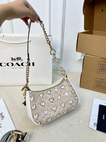 Heart Print Canvas Shoulder Bag 298079
