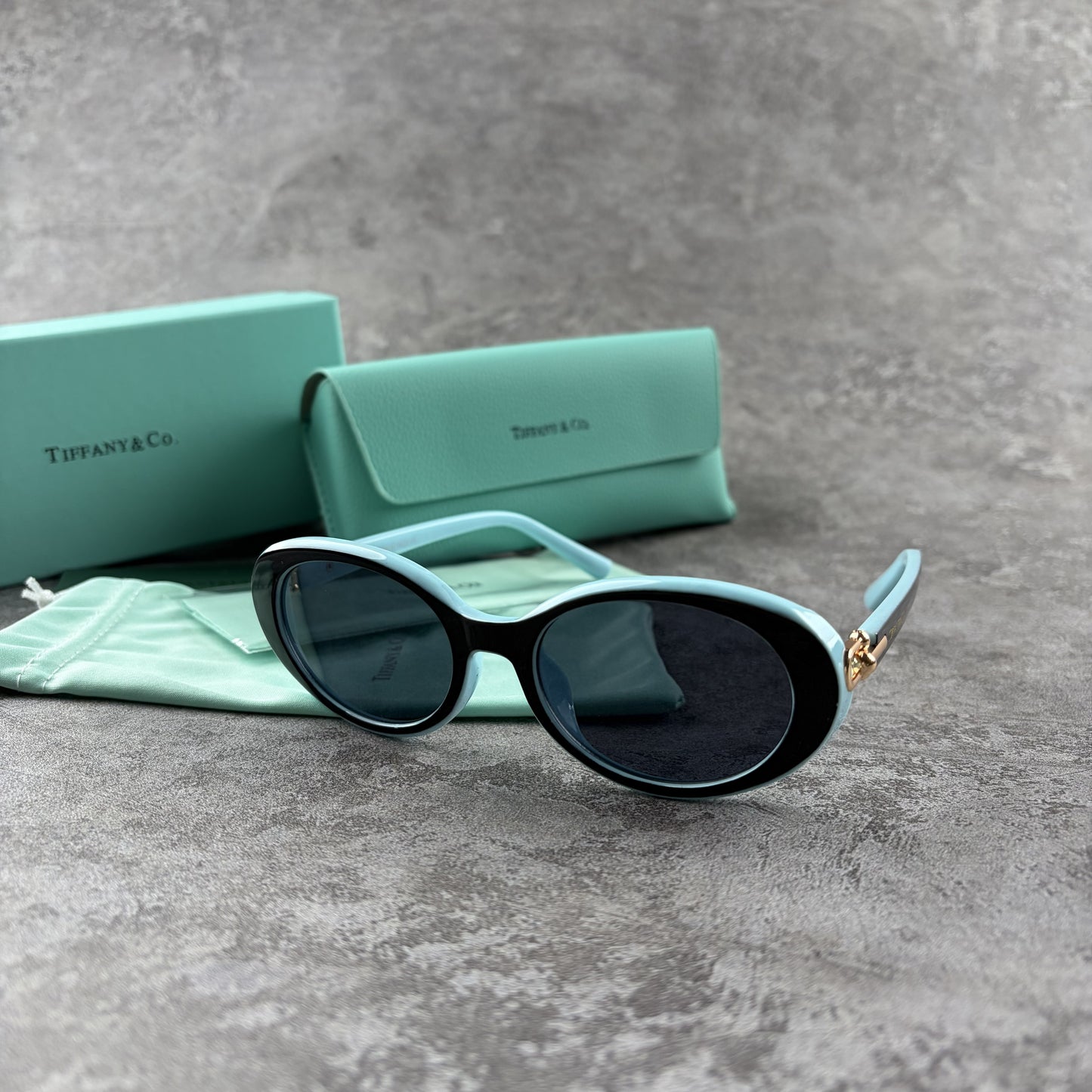 Elegant oval-frame sunglasses with contrasting color details and protective case on grey background.
