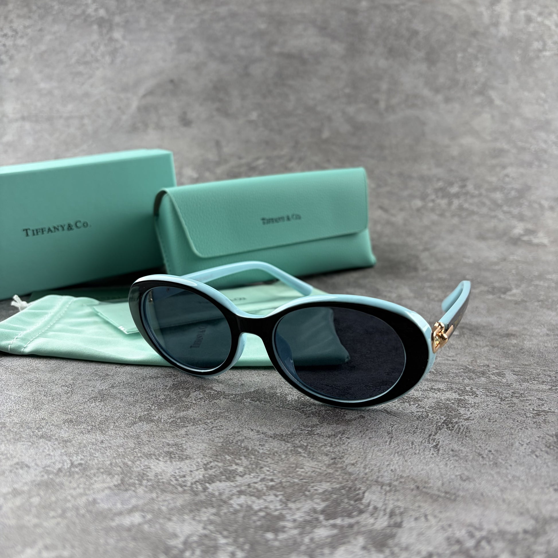 Elegant oval-frame sunglasses with contrasting color details and protective case on grey background.
