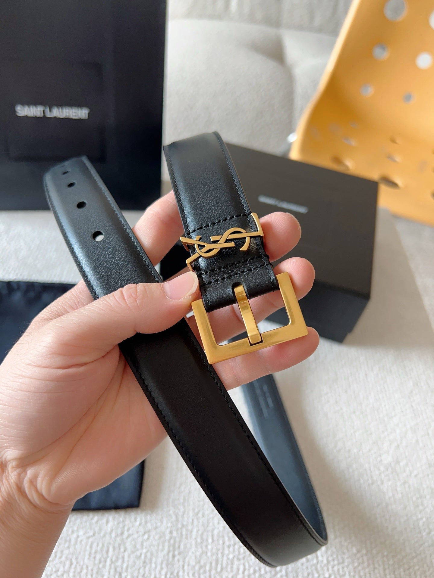 Black Leather Belt with Gold Buckle