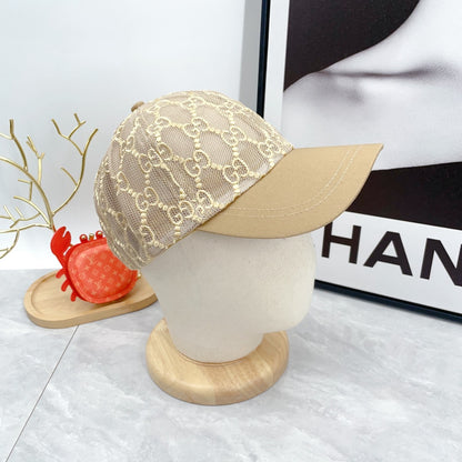 Beige monogram lace baseball cap with curved brim