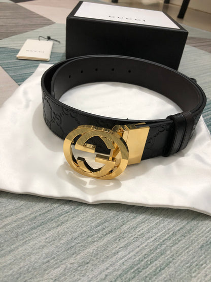 Sleek Black Leather Belt with Gold-Tone Buckle