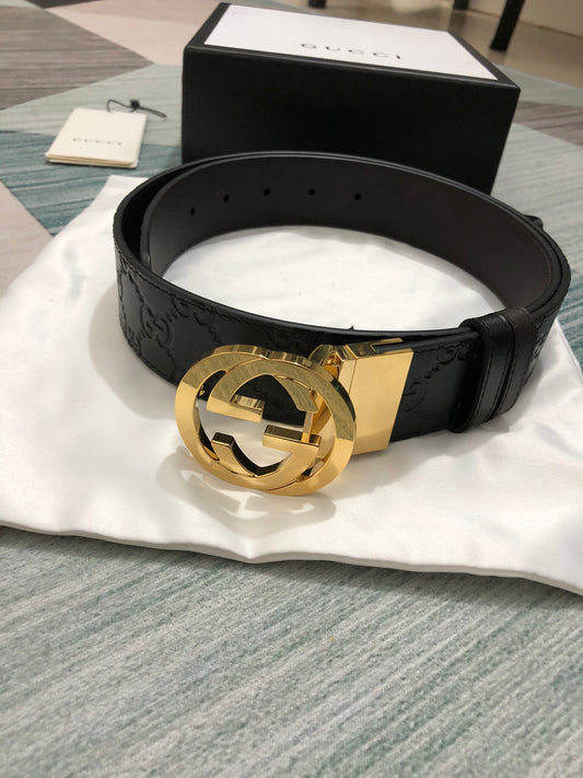 Sleek Black Leather Belt with Gold-Tone Buckle