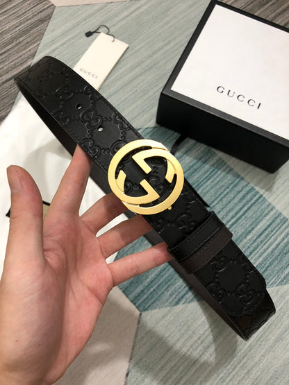 Sleek Black Leather Belt with Gold-Tone Buckle
