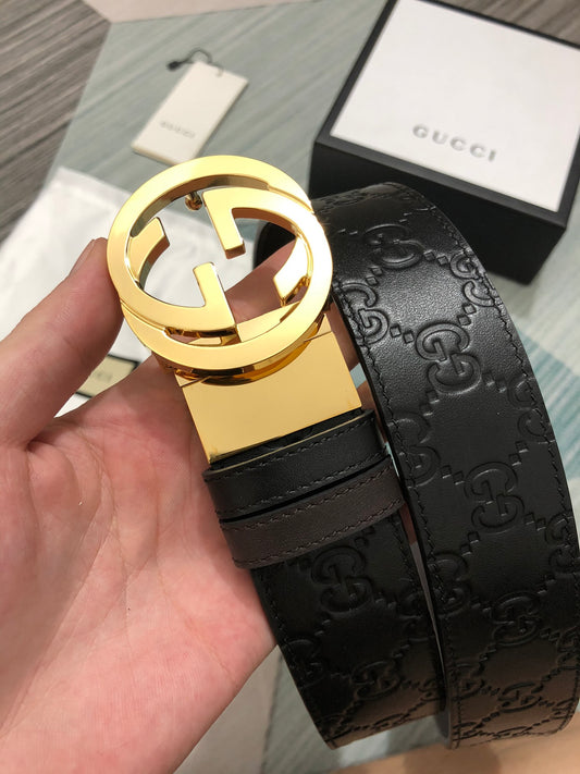 Black Leather Belt with Gold-Tone Buckle