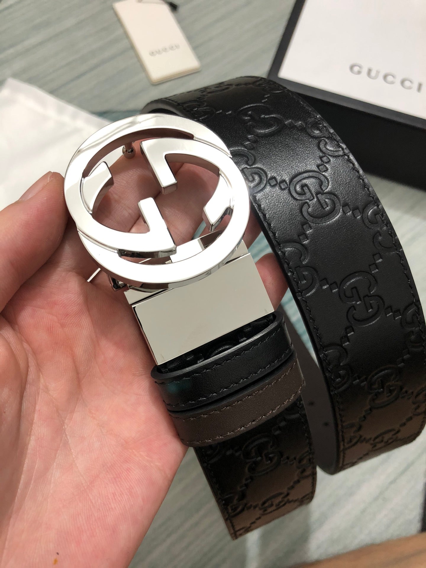 Sleek Black Leather Belt with Silver-Tone Buckle