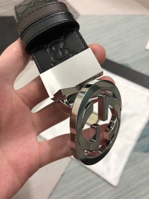 Leather Belt with Silver-Tone Buckle width 3.7cm