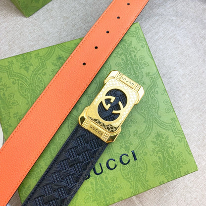 Black Woven Belt with Gold GG Buckle and Orange Lining Width 3.8cm