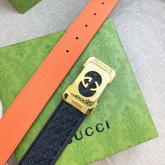 Black Woven Belt with Gold GG Buckle and Orange Lining Width 3.8cm
