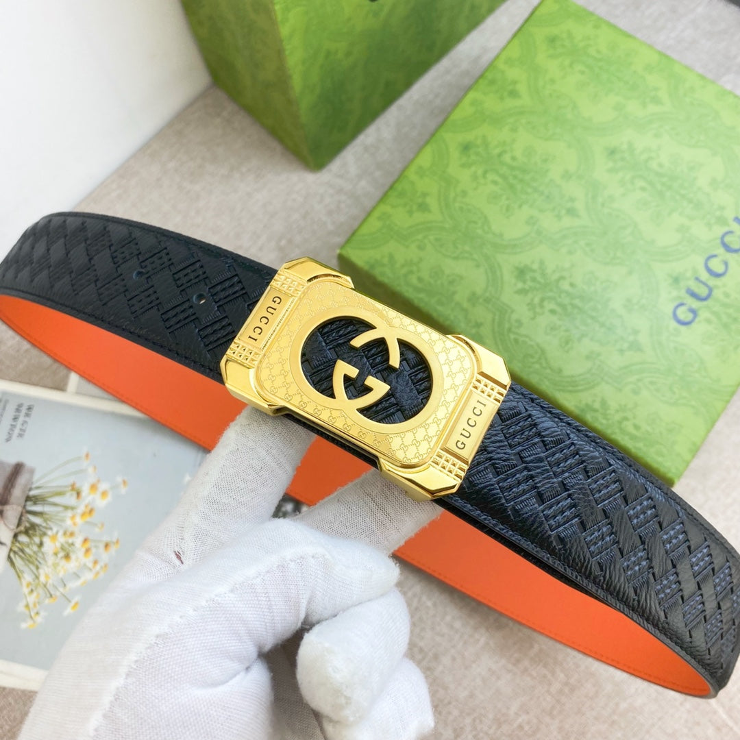 Black Woven Belt with Gold GG Buckle and Orange Lining Width 3.8cm