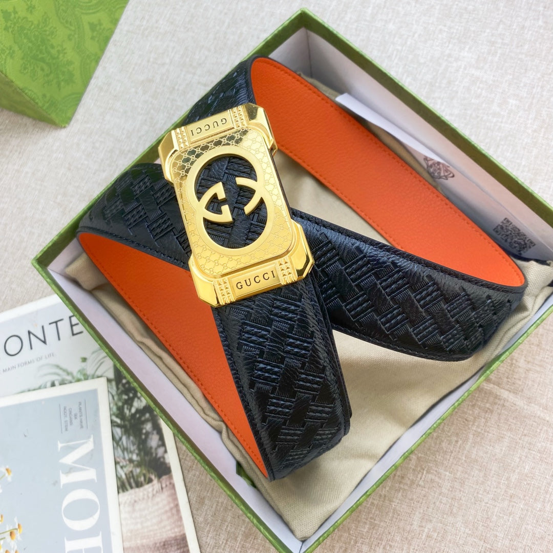 Black Woven Belt with Gold GG Buckle and Orange Lining Width 3.8cm