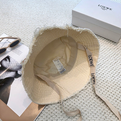 Ivory Quilted Bucket Hat with Frayed Brim and Woven Chin Strap