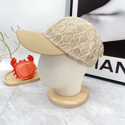Beige monogram lace baseball cap with curved brim