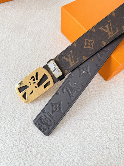 A premium brown patterned leather belt with a gold-tone stainless steel buckle, 3.8cm width.