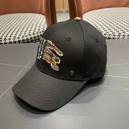 Black cotton baseball cap with intricate equestrian embroidery and a subtle metallic side accent.