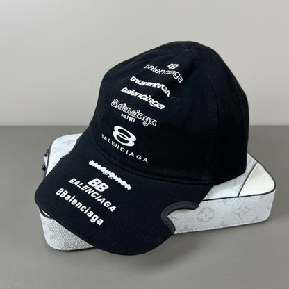 Black cotton multi‑logo embroidery cap with sculpted brim