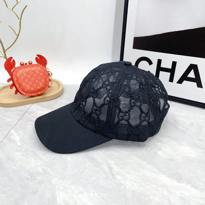 Black monogram lace baseball cap with curved brim