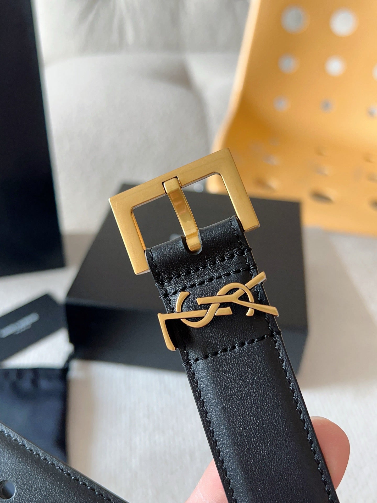 Black Leather Belt with Gold Buckle
