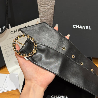 Wide Leather Women's Belt with Gold Chain-Link Buckle