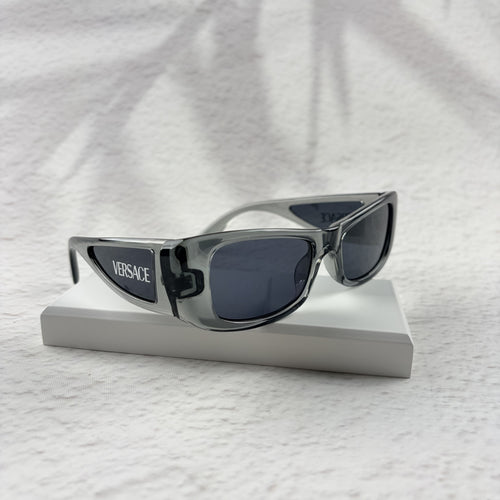 Modern rectangular sunglasses in translucent gray with dark tinted lenses, includes protective case.