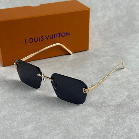 Classic L V Sunglasses Black Lens Gold Frame Rounded Rectangle Shades Unisex