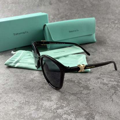 Black cat-eye sunglasses with decorative side temple accents, presented with a branded protective ca