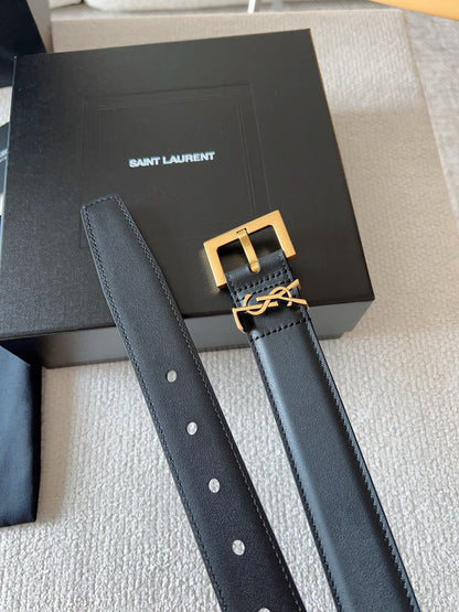 Black Leather Belt with Gold Buckle