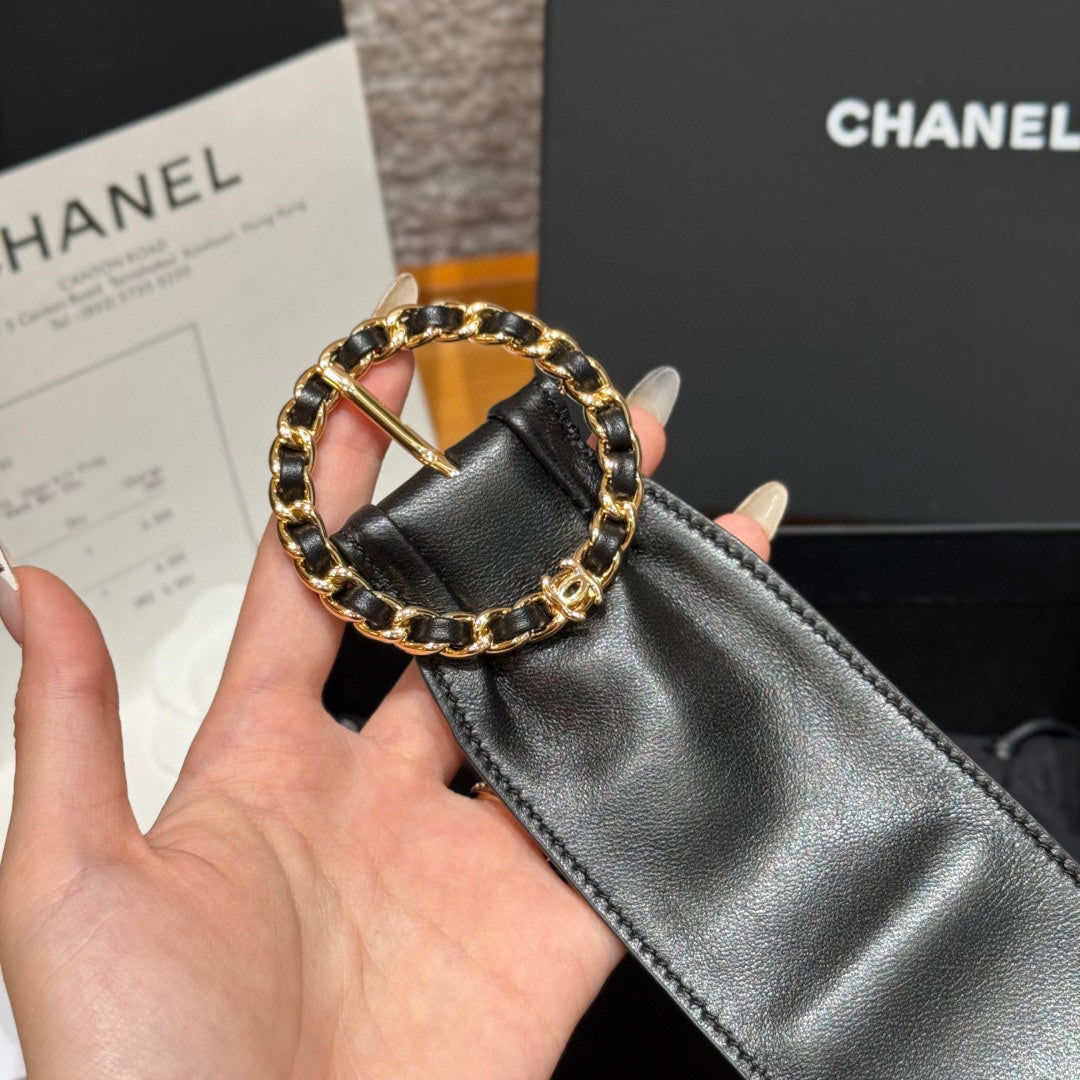 Wide Leather Women's Belt with Gold Chain-Link Buckle