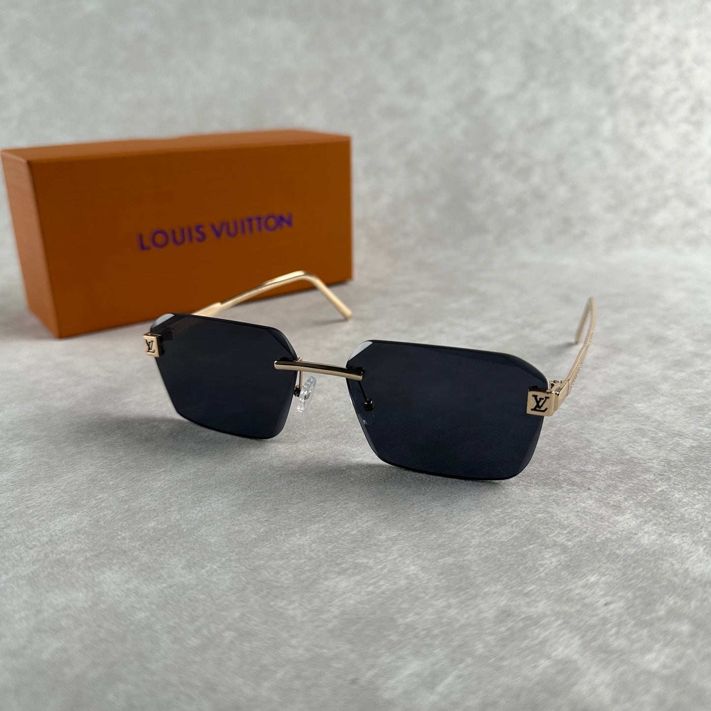 Classic L V Sunglasses Black Lens Gold Frame Rounded Rectangle Shades Unisex
