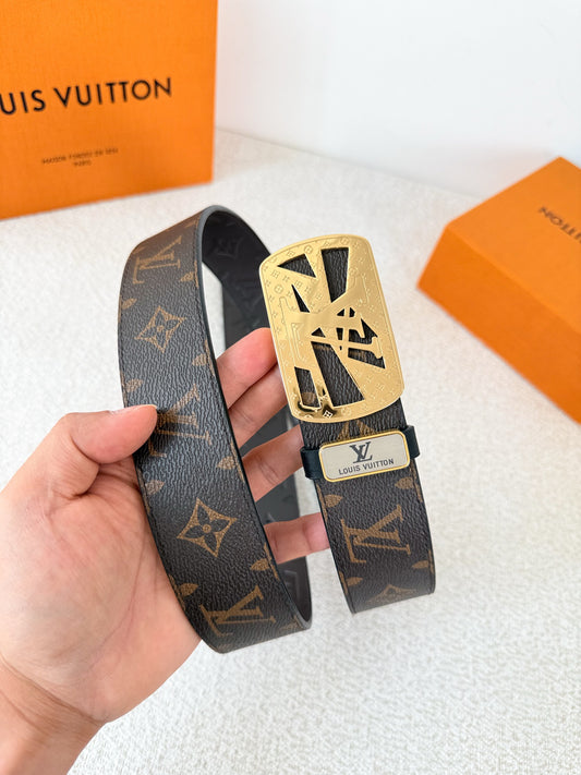 A premium brown patterned leather belt with a gold-tone stainless steel buckle, 3.8cm width.
