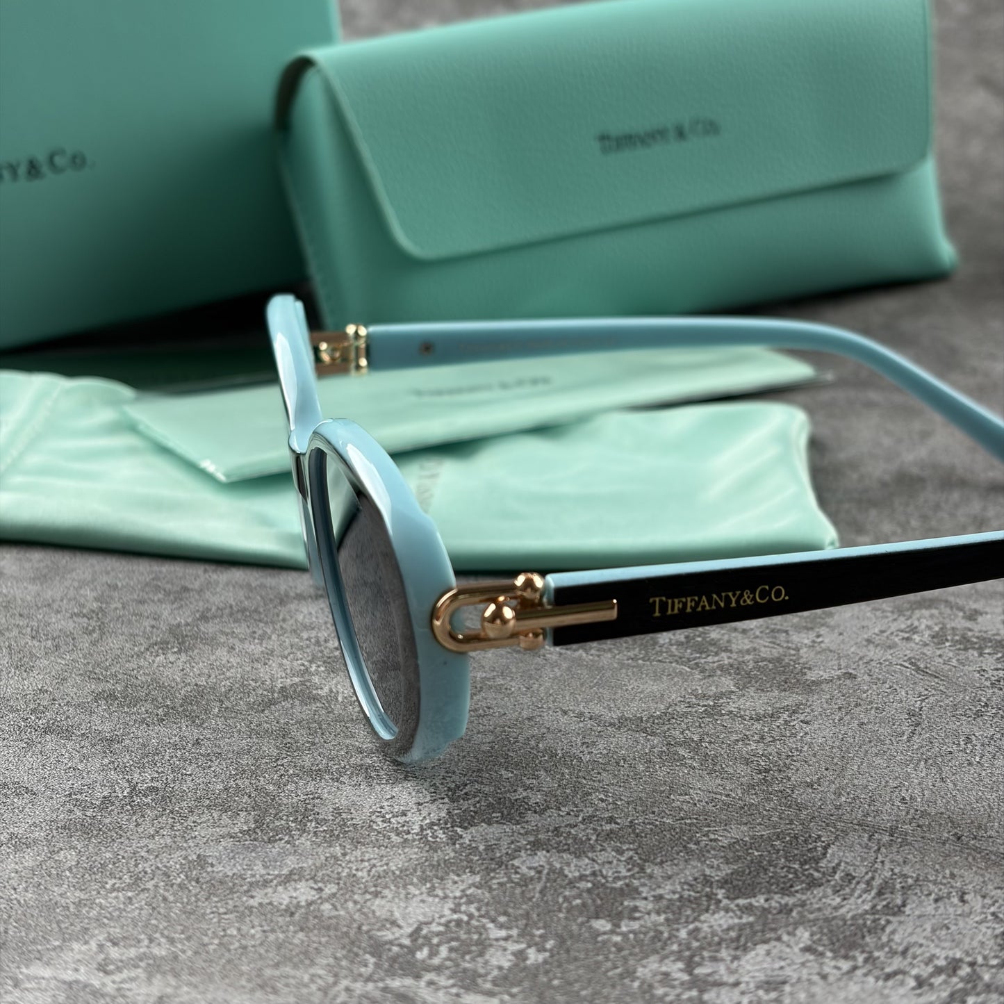 Elegant oval-frame sunglasses with contrasting color details and protective case on grey background.